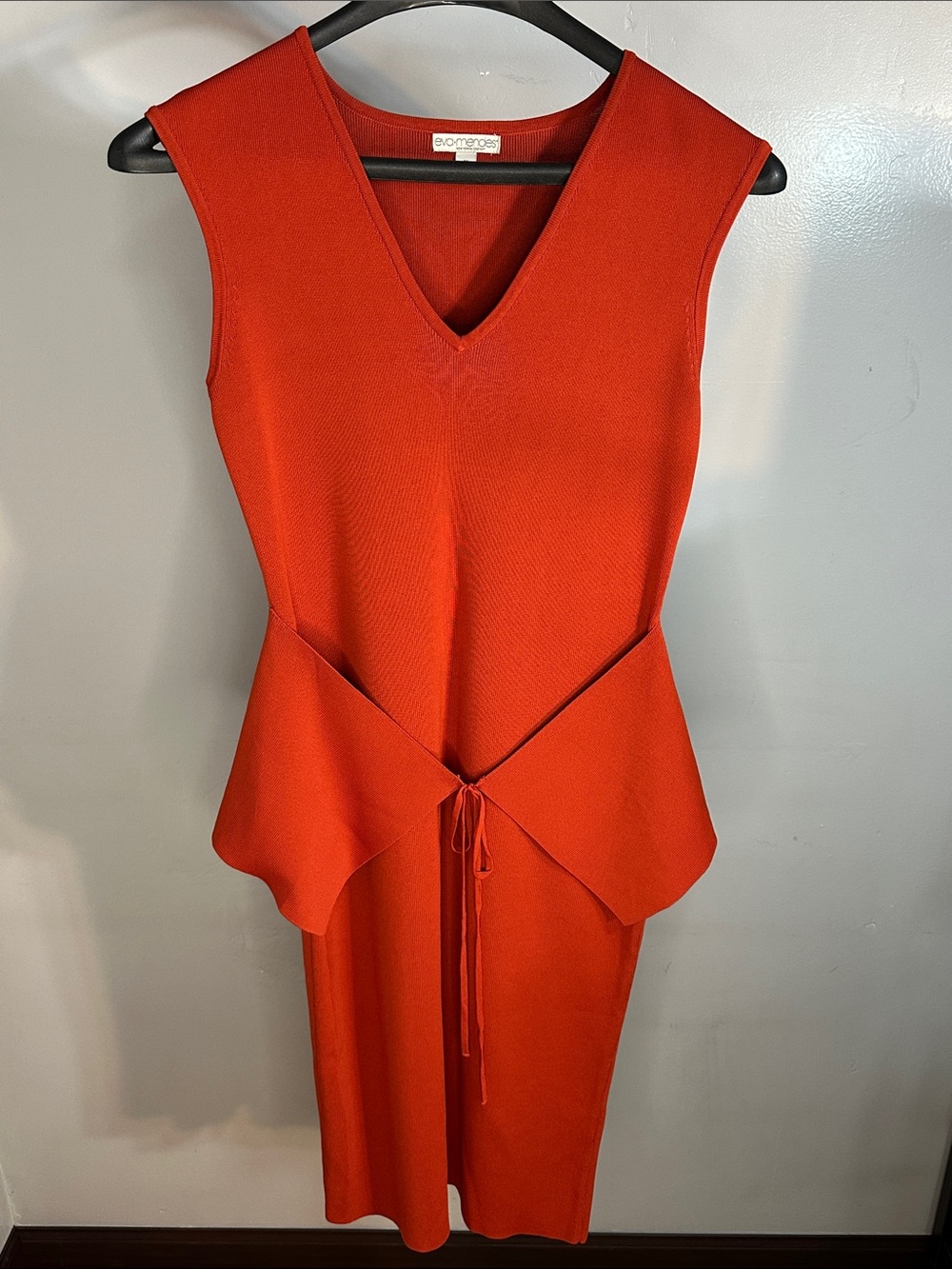 Eva Mendes New York and Company Vibrant Burnt Orange V-Neck Peplum Tie Dress